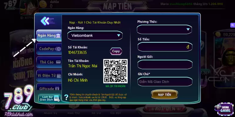 Nạp tiền 789club qua app ngân hàng