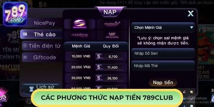 Các hình thức nạp tiền 789Club mới nhất